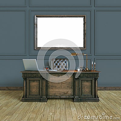 Luxury classic wooden office cabinet with mock up poster. Top vi Stock Photo