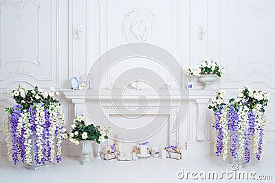 Luxury clean bright interior with white fireplace Stock Photo