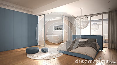 Luxury contemporary bedroom with bathroom, parquet floor, big panoramic window, stained glass, double bed, bathtub, carpet, poufs Stock Photo