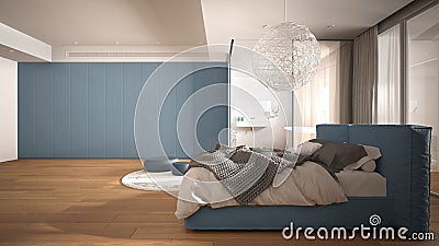 Luxury contemporary bedroom with bathroom, parquet floor, big panoramic window, stained glass, double bed, bathtub, carpet, poufs Stock Photo