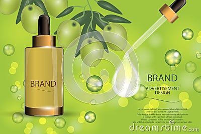 Luxury cosmetic moisturizing spray on bokeh background with green olives and Collagen serum drop. Vector Illustration