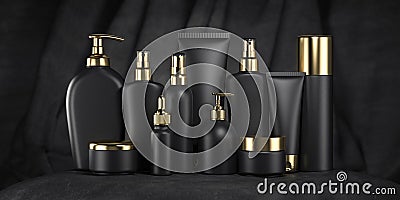 Luxury cosmetic products in black and gold package tubes and bottles on black velvet background Cartoon Illustration