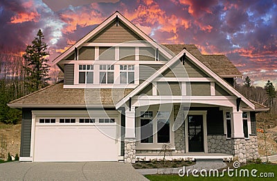 Luxury Country Home House Exterior Canada Stone Details Roofing Front View Stock Photo