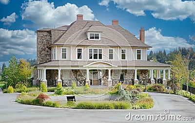 Luxury Country Mansion Home House Exterior Cloudy Cumulus Sky Background Stock Photo