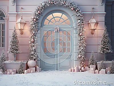 luxury creamy Christmas background with decorations and Christmas garland with golden and white balls on the sides, and white Stock Photo