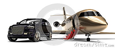 Luxury Crossover with a private jet Stock Photo