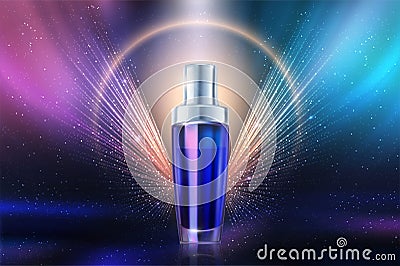 Luxury 3D cosmetic bottle with spray perfume, beauty product, gold halo and magic beams Vector Illustration