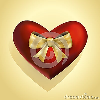 Luxury 3d heart with golden bowed ribbon Vector Illustration