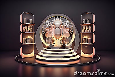 Luxury 3D podium display background. Red open gift box Stock Photo