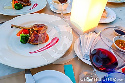 Luxury Delicious dinner grilled lamb ribs placed on white plate Stock Photo