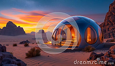 Luxury Desert Glamping or Geo-Domes. Igloo tents in sunset landscape Stock Photo