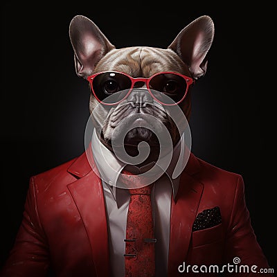 Luxury dog with dark glasses and red suit and tie. Studio portrait. French bulldog. AI generated Stock Photo