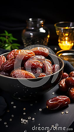 luxury dried date fruit in bowls on a dark surface Stock Photo