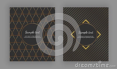 Luxury elegant cover with geometric designs and trendy gold lines on the black background . Vector illustration. Template for pack Cartoon Illustration