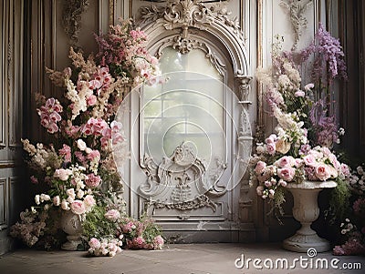 luxury elegant Garden background prop beautiful pink flowers , big windows , room for copyempty Stock Photo