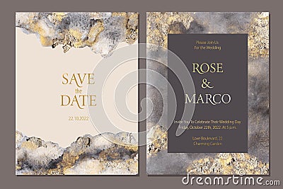 Luxury elegant wedding invitation cards with gold and grey marble watercolor texture. Save the date. Vector Illustration