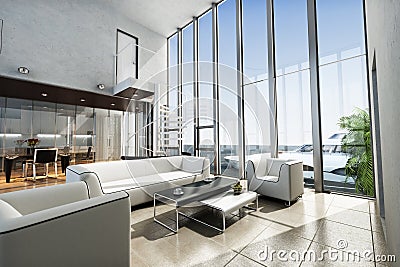 Luxury estate interior with ocean view and yacht Stock Photo