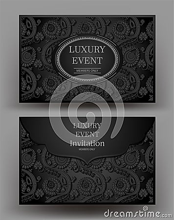 Luxury event elegant black envelope with floral design. Vector Illustration