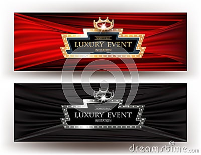LUXURY EVENT INVITATION BANNERS WITH RETRO FRAME, CROWN and FABRIC BACKGROUND. Vector Illustration
