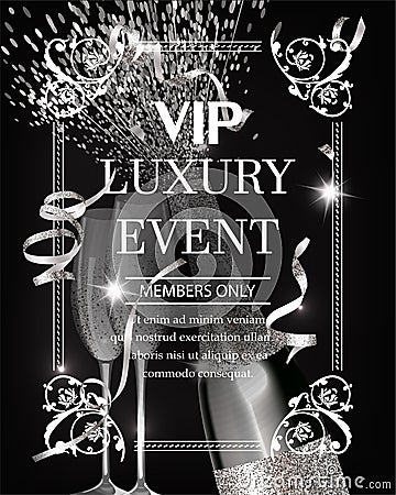 Luxury event invitation shiny banner WITH silver TEXTURED SERPENTINE, GLASSES AND BOTTLE OF CHAMPAGNE. Vector Illustration