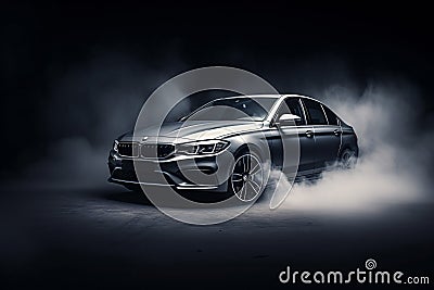 Luxury expensive car parked on dark background. Sport and modern luxury design gray car. Shiny clean lines and detailed front view Stock Photo