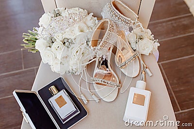 Luxury Fashion Bride Accessories on Chair Top View Stock Photo