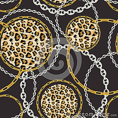 Luxury Fashion Fabric Seamless Pattern with Golden Chains and Leopard Skin Background. Wildlife Animal Fur and Gold Jewellry Vector Illustration