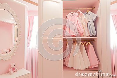luxury fashionable doll like interior. Dressing room in pink colors. Wardrobe-room. Stock Photo