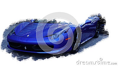 Luxury Ferrari blue car on white backgound. Painting effect. Editorial Stock Photo