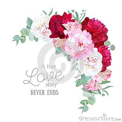 Luxury floral crescent vector frame with peony, alstroemeria lily, mint eucaliptus and ranunculus leaves on white Vector Illustration