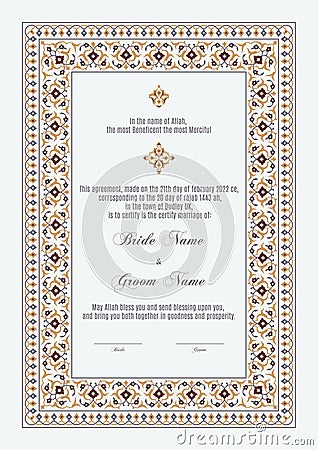 Luxury Floral Nikkah Certificate, Premium A4 Islamic Wedding Contract Vector Illustration