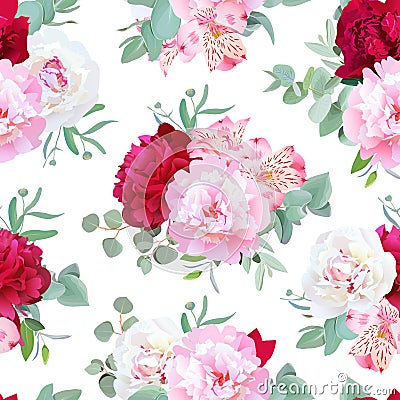 Luxury floral seamless vector print with peony, alstroemeria lily, mint eucaliptus and ranunculus leaves on white Vector Illustration