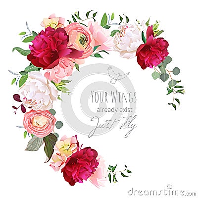 Luxury floral vector round frame with ranunculus, peony, rose, carnation, green plants on white Vector Illustration