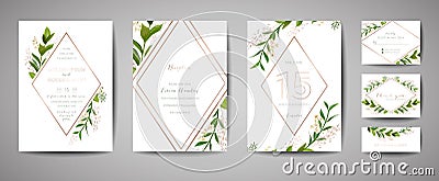 Luxury Flower Vintage Wedding Save the Date, Invitation Floral Cards Collection with Gold Foil Frame. trendy cover, graphic poster Vector Illustration