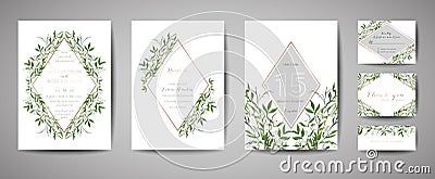 Luxury Flower Vintage Wedding Save the Date, Invitation Floral Cards Collection with Gold Foil Frame. Vector trendy cover, graphic Vector Illustration