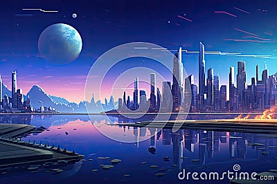 luxury futuristic future city scape at night AI generated Cartoon Illustration