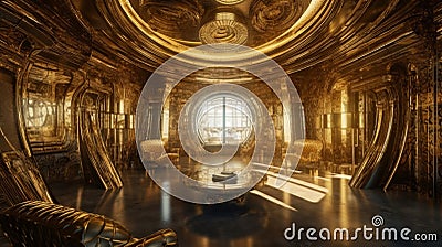 Luxury Futuristic Interior with Rich and Antique Gold Décor Stock Photo