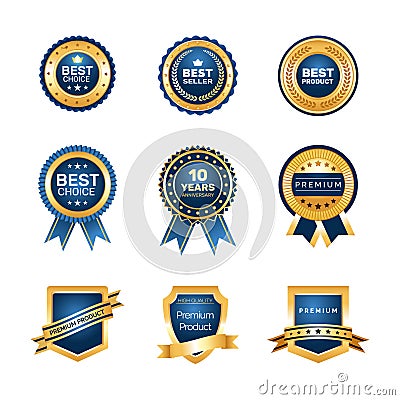 Luxury gold badges quality labels premium set. Vector Illustration