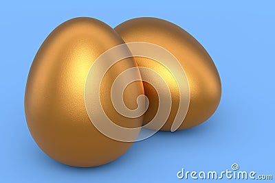 Luxury gold chicken eggs isolated on blue background Stock Photo