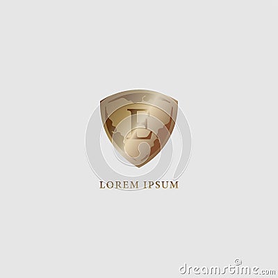 Luxury gold decorative shield sign illustration. Letter E alphabet logo design template. Security, protection logo concept Vector Illustration