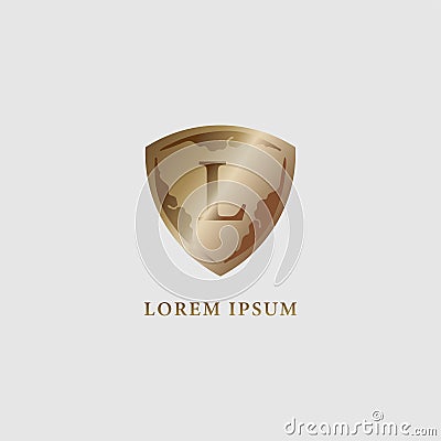 Luxury gold decorative shield sign illustration. Letter L alphabet logo design template. Security, protection logo concept. Vector Illustration