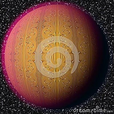 Luxury gold planet inside starry galaxy. Fantasy planet of wealth and riches. Stock Photo