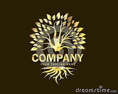 Luxury gold root and tree logo design template Vector Illustration