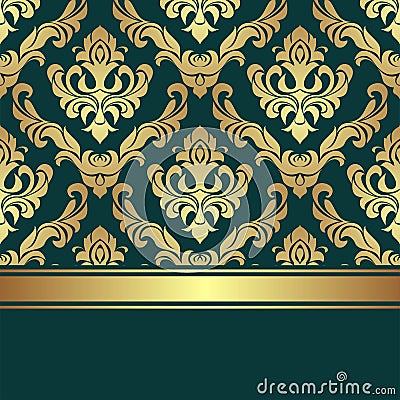 Luxury golden damask Pattern decorated the Border with golden Ribbon. Vector Illustration