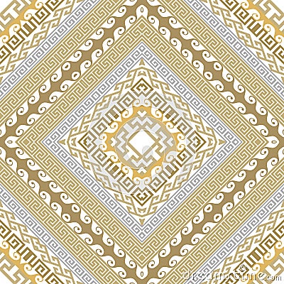 Luxury Greek rhombus frames seamless pattern. Repeat golden frames background. Greek key, meanders ethnic gold ornaments. Vector Illustration