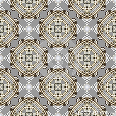 Luxury greek vector seamless pattern. Ornate jewelry light abstract background. Surface round 3d pearl gemstones Vector Illustration