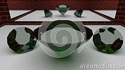 Luxury Green Shine Emerald Glass Diamond Shaped And Reflections Mirror-glass Room With Brick Wall Texture 3D Rendering Stock Photo