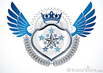 Luxury heraldic vector winged emblem. Vector blazon created using monarch crown. Vector Illustration