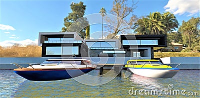 Luxury high-tech house on the beach. Two speed boats are moored at the reinforced concrete pier. Stock Photo