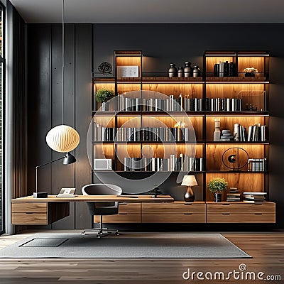 Luxury home concept apartment interior with working table, furniture, bookshelf Stock Photo